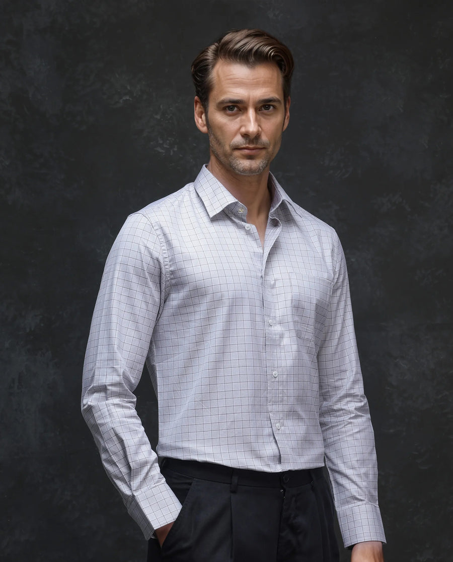 Rare Rabbit Men's Rooney Light Grey Cotton Checked Print Regular Fit Full Sleeve Collared Shirt