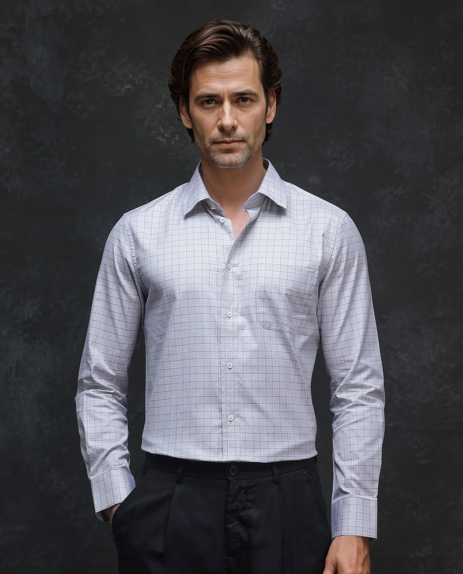 Rare Rabbit Men's Rooney Light Grey Cotton Checked Print Regular Fit Full Sleeve Collared Shirt