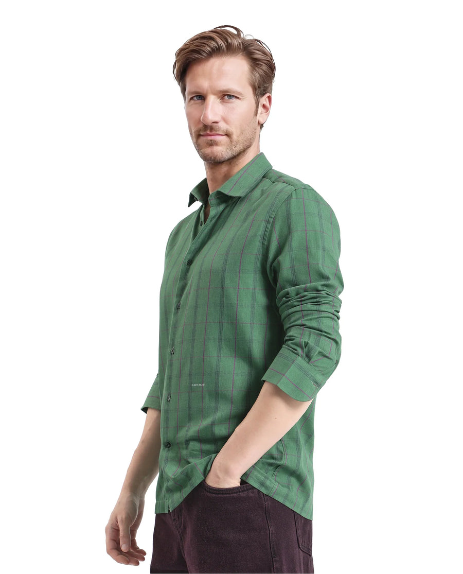 Rare Rabbit Men's Roos Green Cotton Checked Print Oversized Fit Full Sleeve Collared Shirt