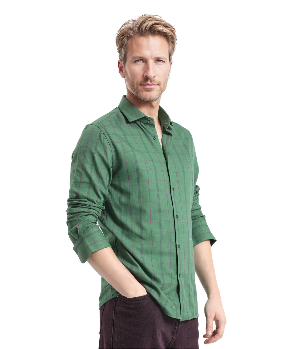 Rare Rabbit Men's Roos Green Cotton Checked Print Oversized Fit Full Sleeve Collared Shirt