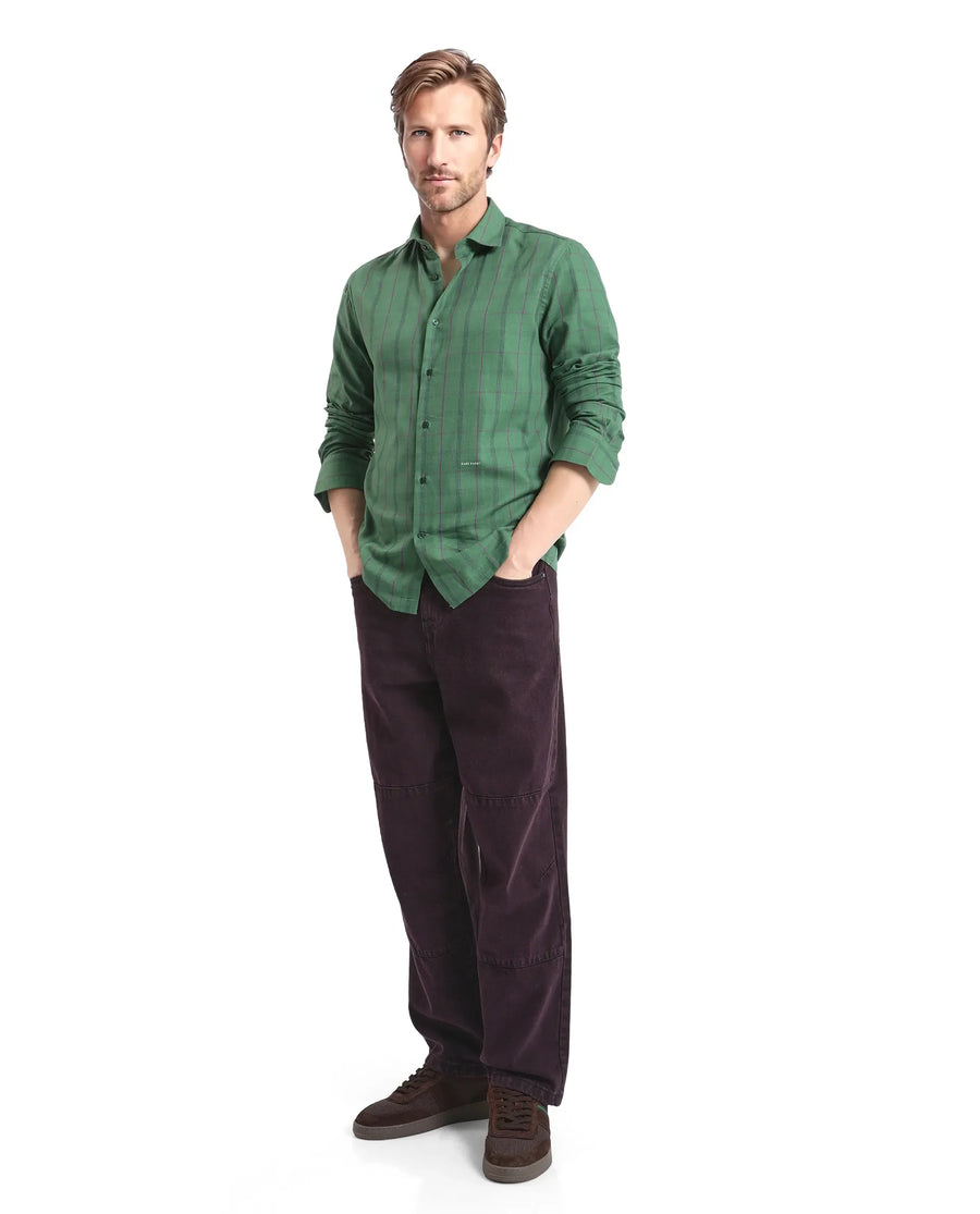 Rare Rabbit Men's Roos Green Cotton Checked Print Oversized Fit Full Sleeve Collared Shirt