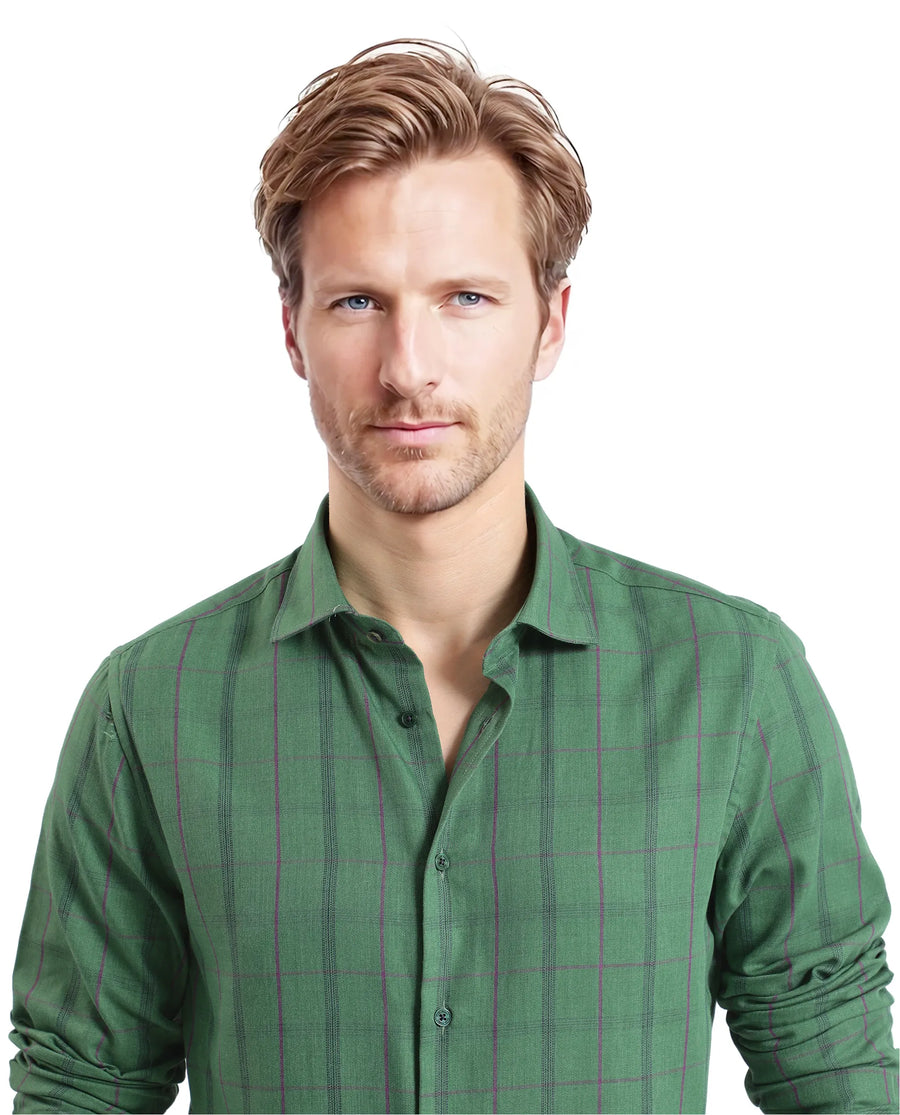 Rare Rabbit Men's Roos Green Cotton Checked Print Oversized Fit Full Sleeve Collared Shirt