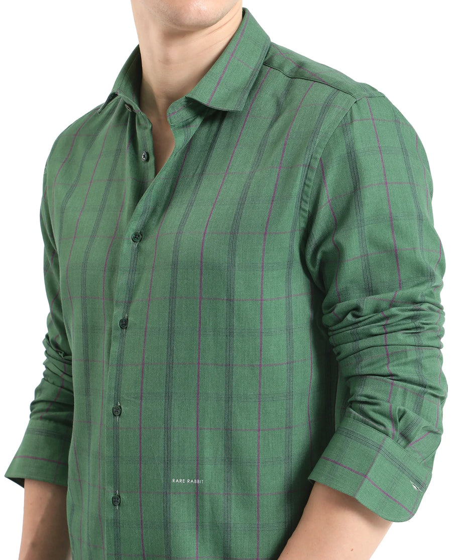 Rare Rabbit Men's Roos Green Cotton Checked Print Oversized Fit Full Sleeve Collared Shirt