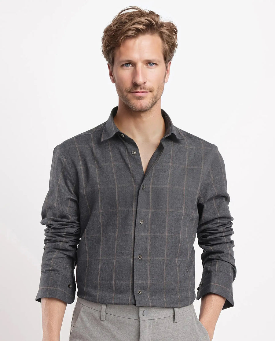 Rare Rabbit Men's Ropos-2 Grey Cotton Checked Print Regular Fit Full Sleeve Collared Shirt