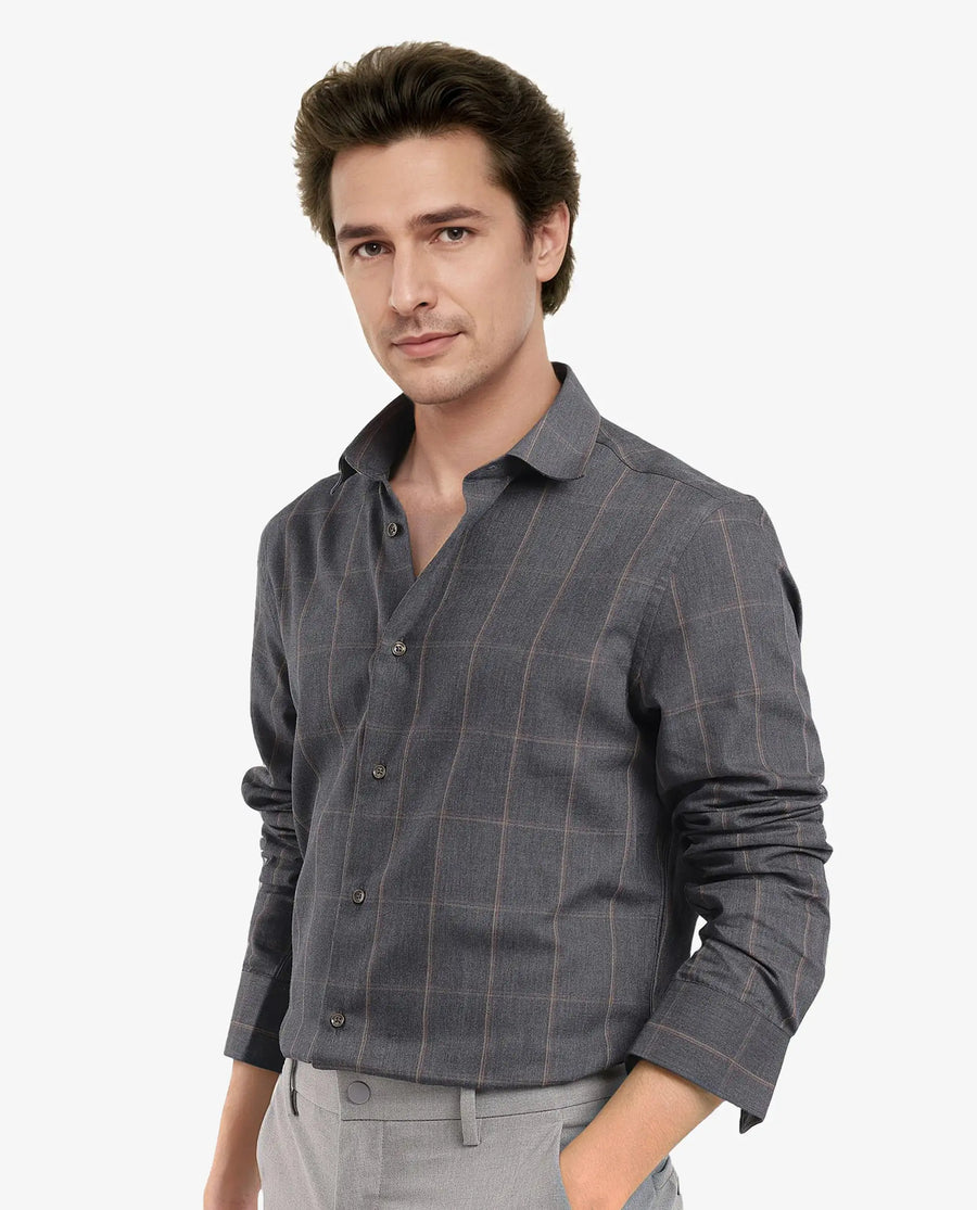 Rare Rabbit Men's Ropos-2 Grey Cotton Checked Print Regular Fit Full Sleeve Collared Shirt