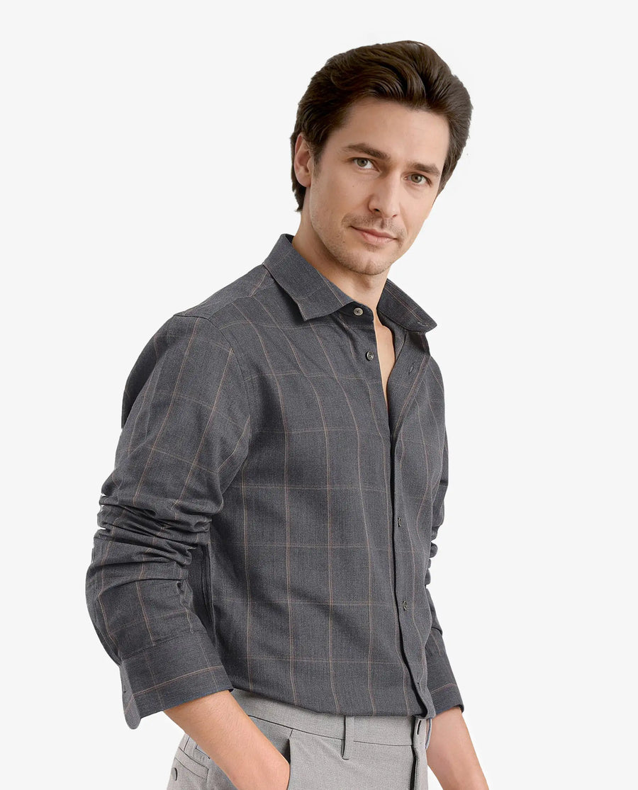 Rare Rabbit Men's Ropos-2 Grey Cotton Checked Print Regular Fit Full Sleeve Collared Shirt