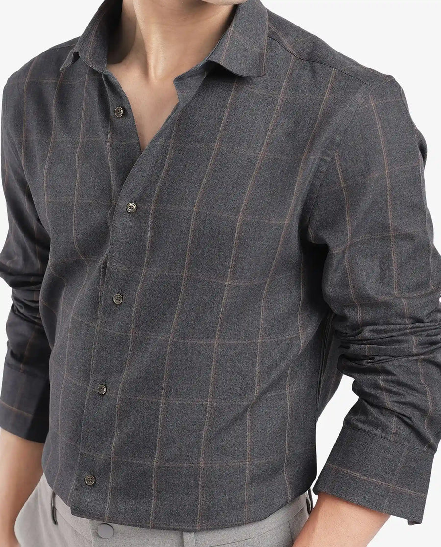 Rare Rabbit Men's Ropos-2 Grey Cotton Checked Print Regular Fit Full Sleeve Collared Shirt