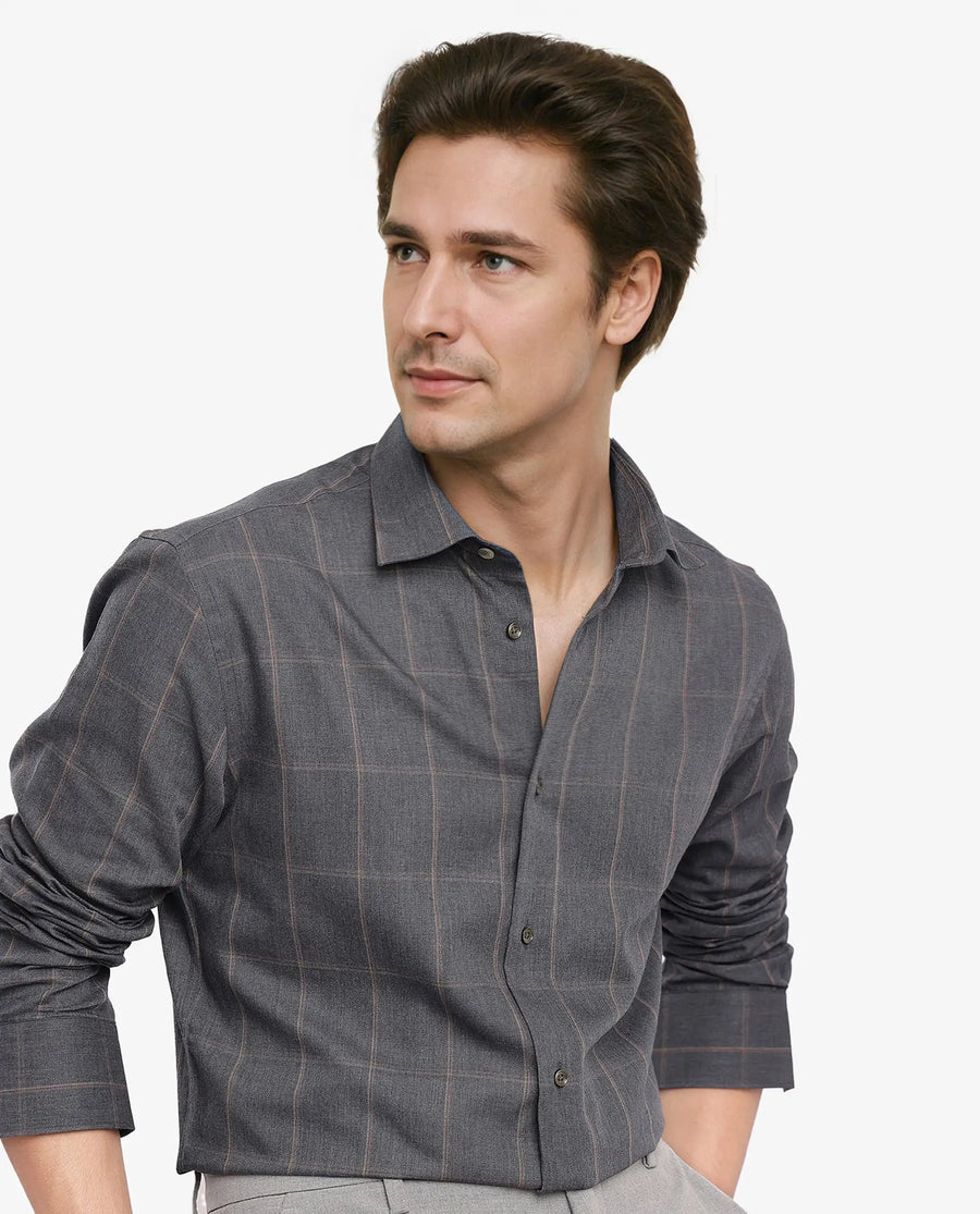 Rare Rabbit Men's Ropos-2 Grey Cotton Checked Print Regular Fit Full Sleeve Collared Shirt