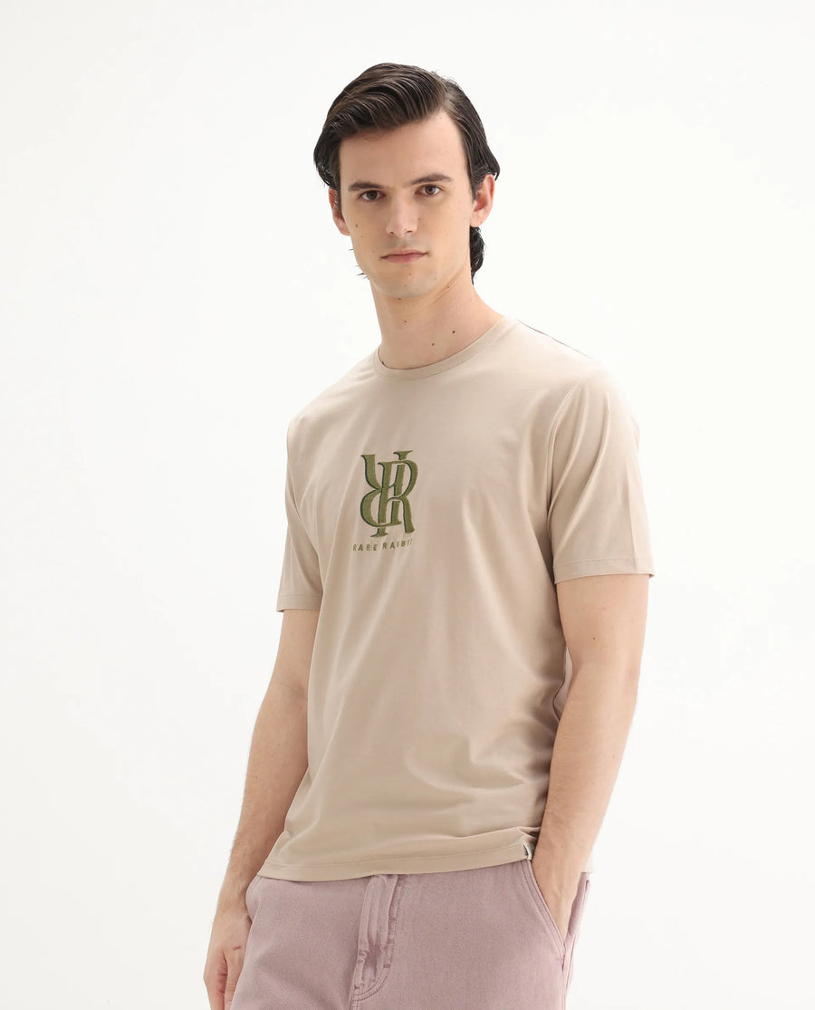 Rare Rabbit Men's Rosco Beige Cotton Blend Graphic Print Regular Fit Half Sleeve Crew Neck T-Shirt