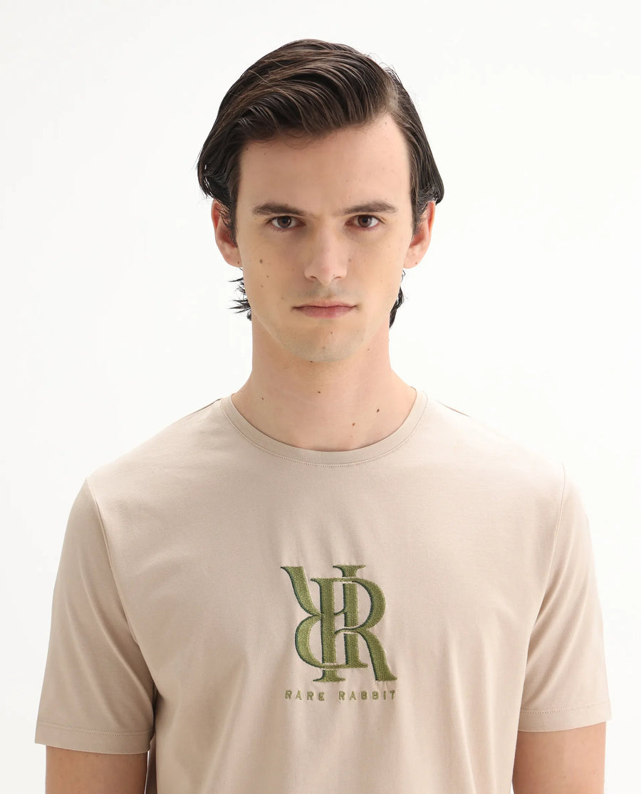 Rare Rabbit Men's Rosco Beige Cotton Blend Graphic Print Regular Fit Half Sleeve Crew Neck T-Shirt