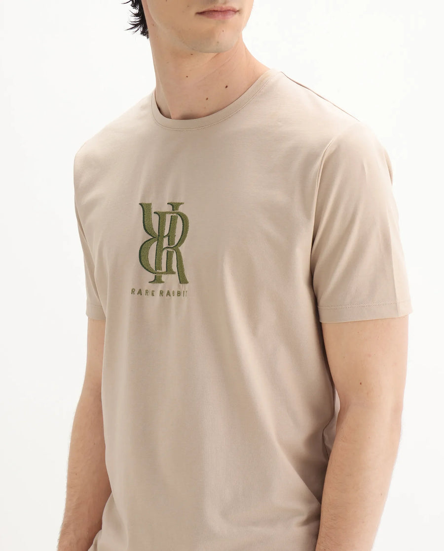 Rare Rabbit Men's Rosco Beige Cotton Blend Graphic Print Regular Fit Half Sleeve Crew Neck T-Shirt