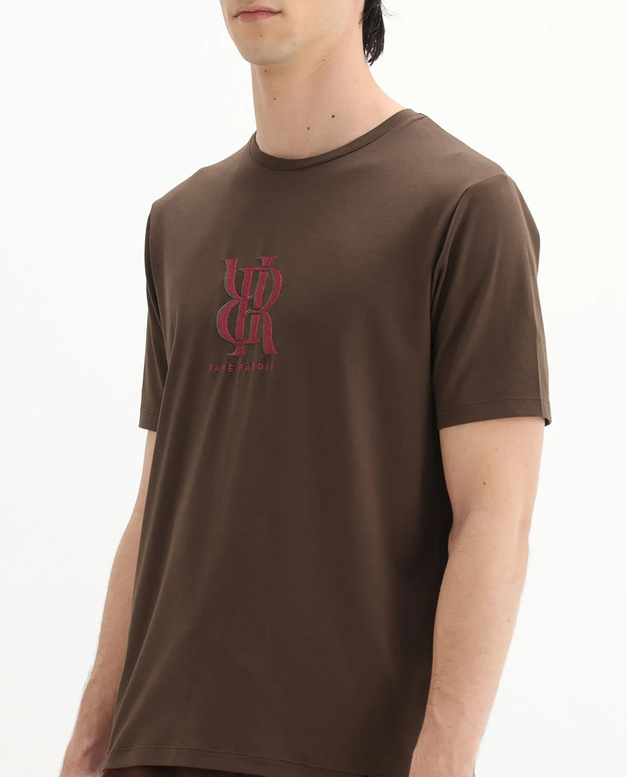 Rare Rabbit Men's Rosco Brown Cotton Blend Graphic Print Regular Fit Half Sleeve Crew Neck T-Shirt