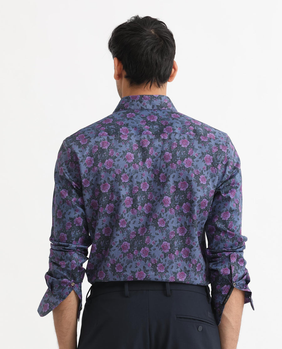 Rare Rabbit Men's Rosess Blue Cotton Floral Print Regular Fit Full Sleeve Collared Shirt