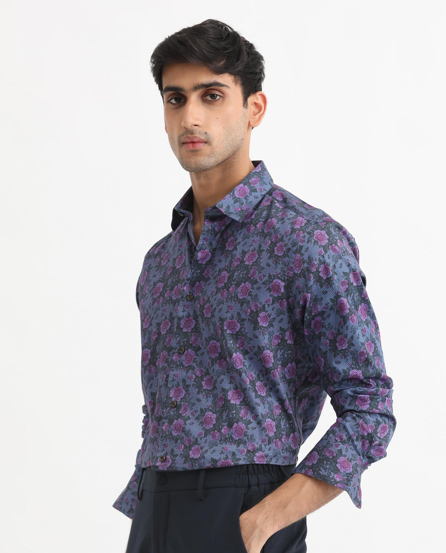 Rare Rabbit Men's Rosess Blue Cotton Floral Print Regular Fit Full Sleeve Collared Shirt