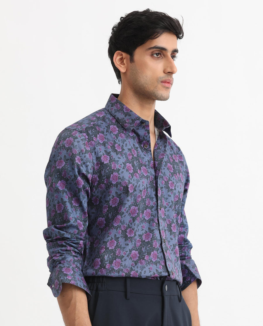 Rare Rabbit Men's Rosess Blue Cotton Floral Print Regular Fit Full Sleeve Collared Shirt