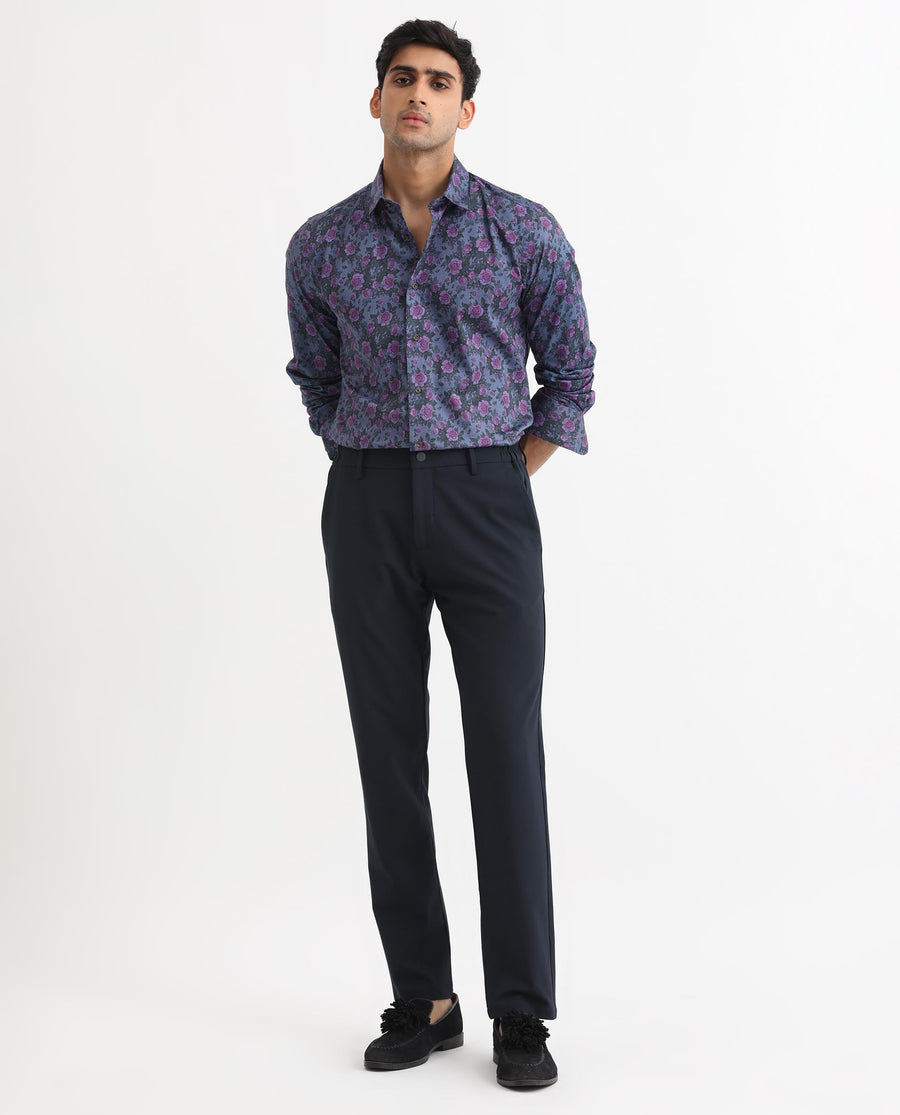 Rare Rabbit Men's Rosess Blue Cotton Floral Print Regular Fit Full Sleeve Collared Shirt