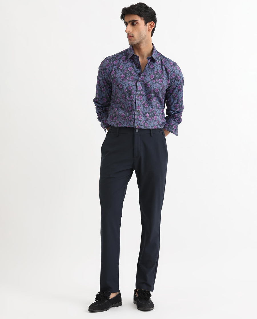 Rare Rabbit Men's Rosess Blue Cotton Floral Print Regular Fit Full Sleeve Collared Shirt
