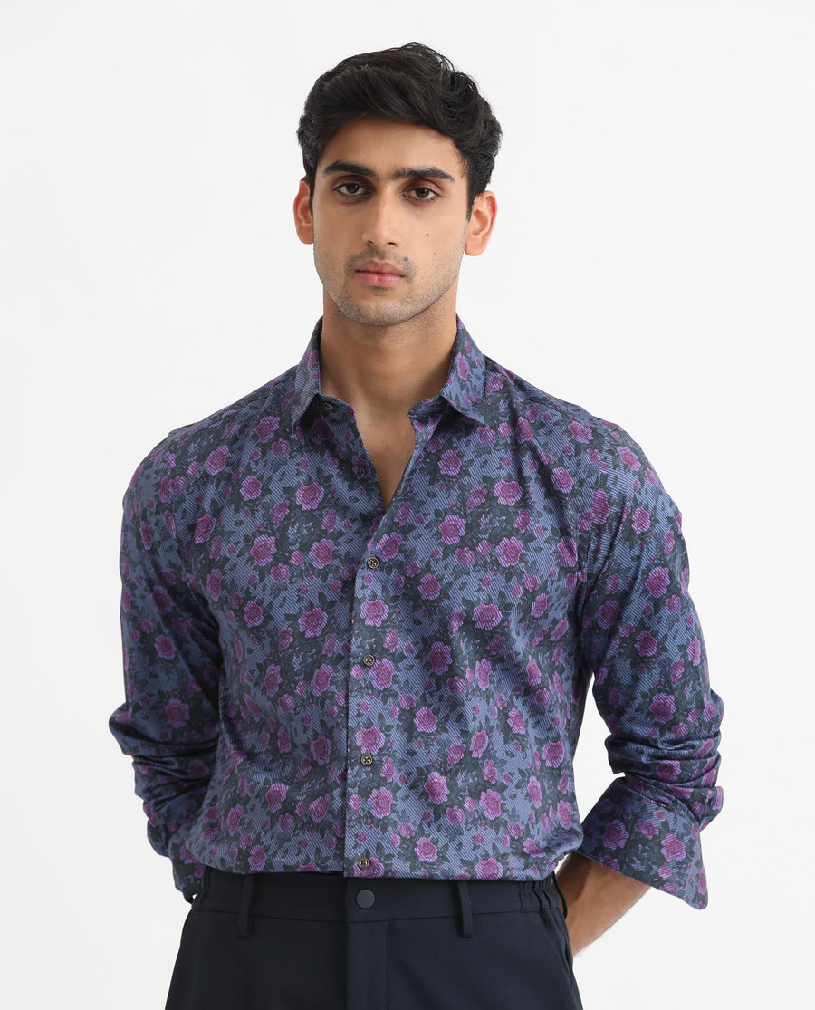 Rare Rabbit Men's Rosess Blue Cotton Floral Print Regular Fit Full Sleeve Collared Shirt