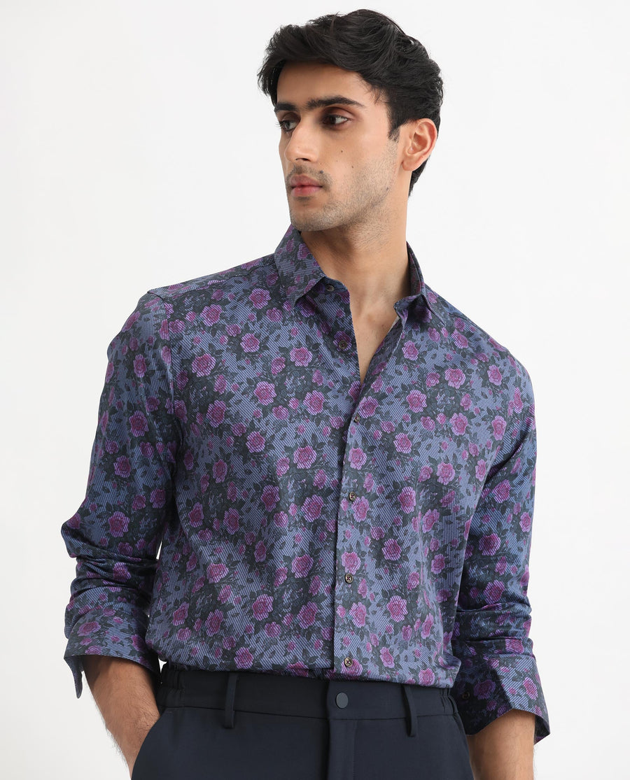 Rare Rabbit Men's Rosess Blue Cotton Floral Print Regular Fit Full Sleeve Collared Shirt