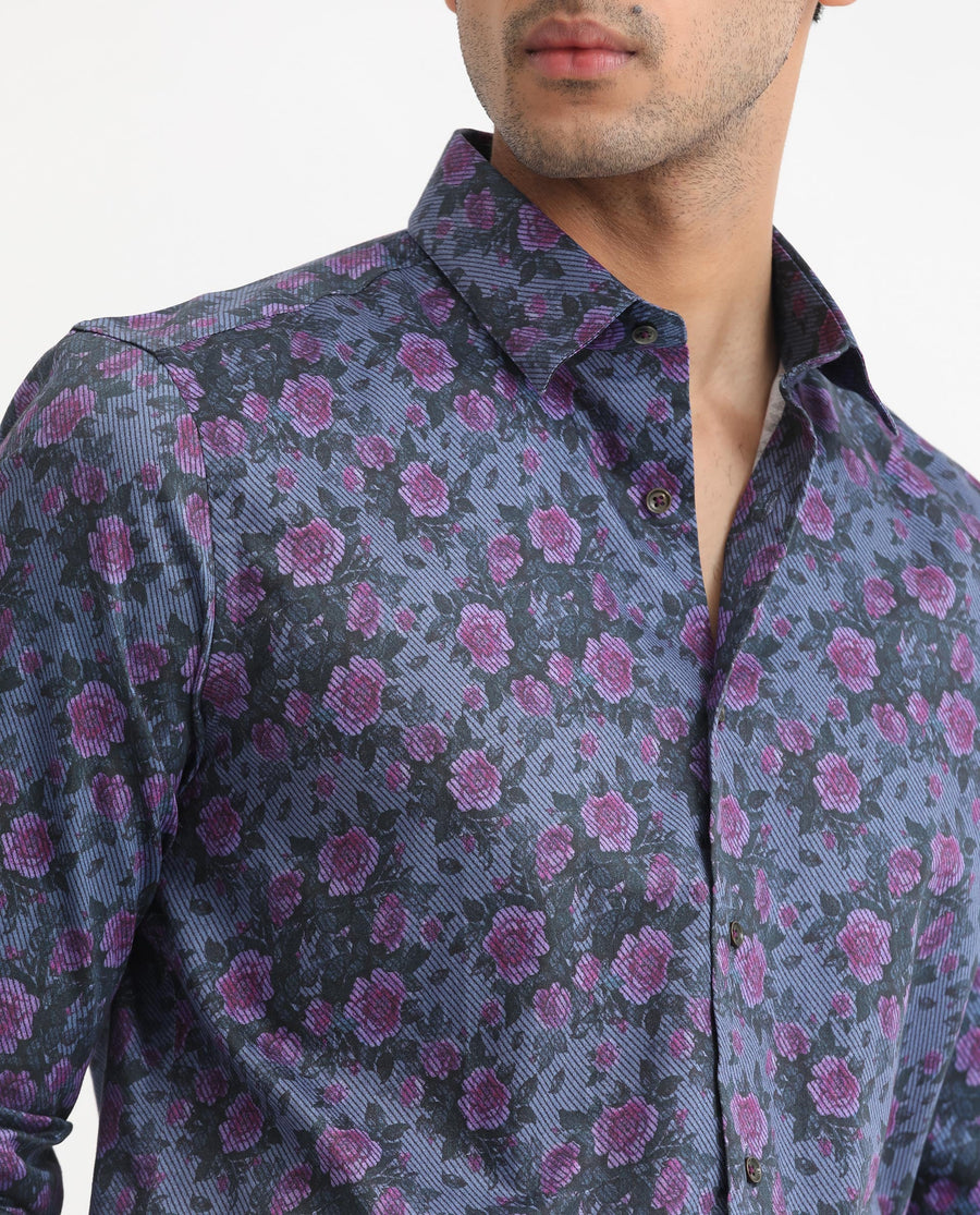 Rare Rabbit Men's Rosess Blue Cotton Floral Print Regular Fit Full Sleeve Collared Shirt