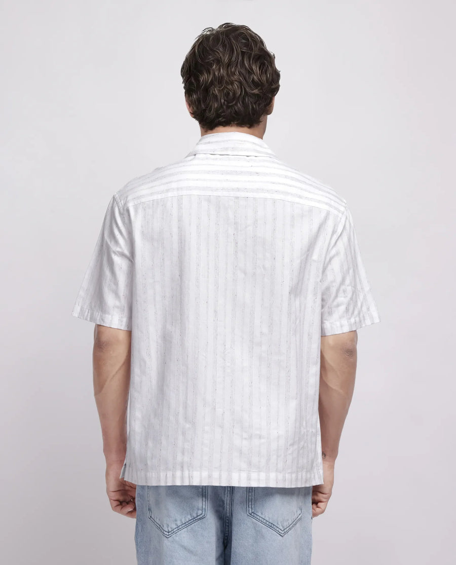 Rare Rabbit Men's Roshi White Cotton Striped Print Relaxed Fit Half Sleeve Cuban Collar Shirt