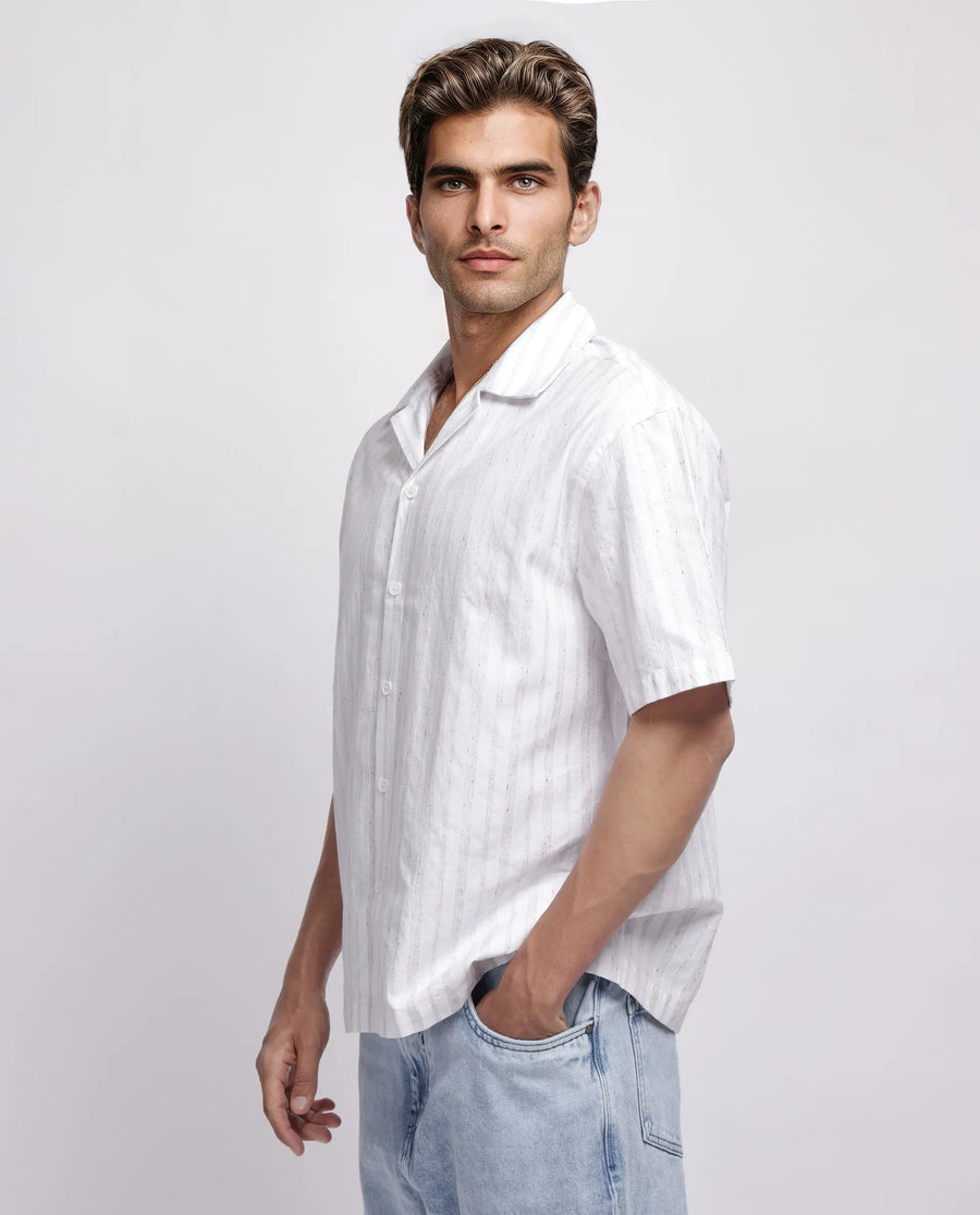 Rare Rabbit Men's Roshi White Cotton Striped Print Relaxed Fit Half Sleeve Cuban Collar Shirt