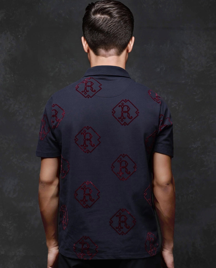 Rare Rabbit Men's Roson Navy Cotton Monogram Print Regular Fit Half Sleeve Polo