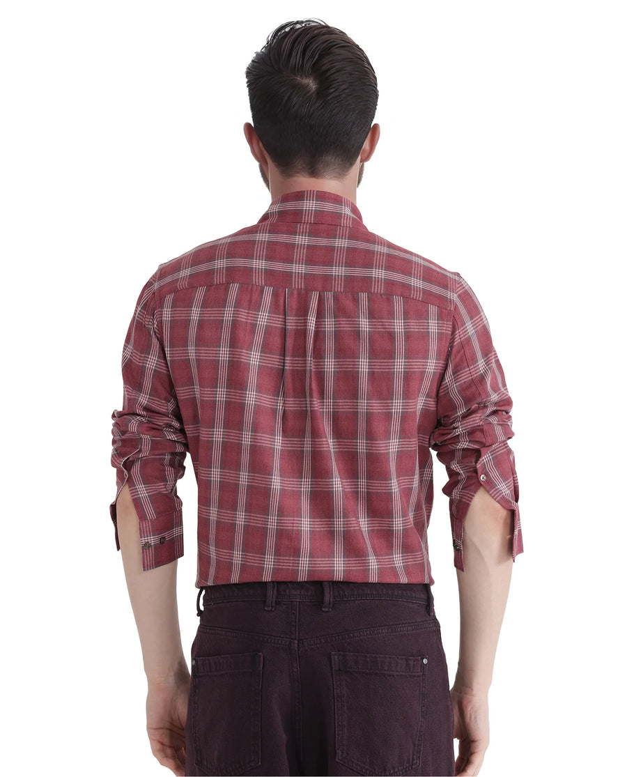Rare Rabbit Men's Rosy Dark Pink Cotton Checked Print Regular Fit Full Sleeve Collared Shirt