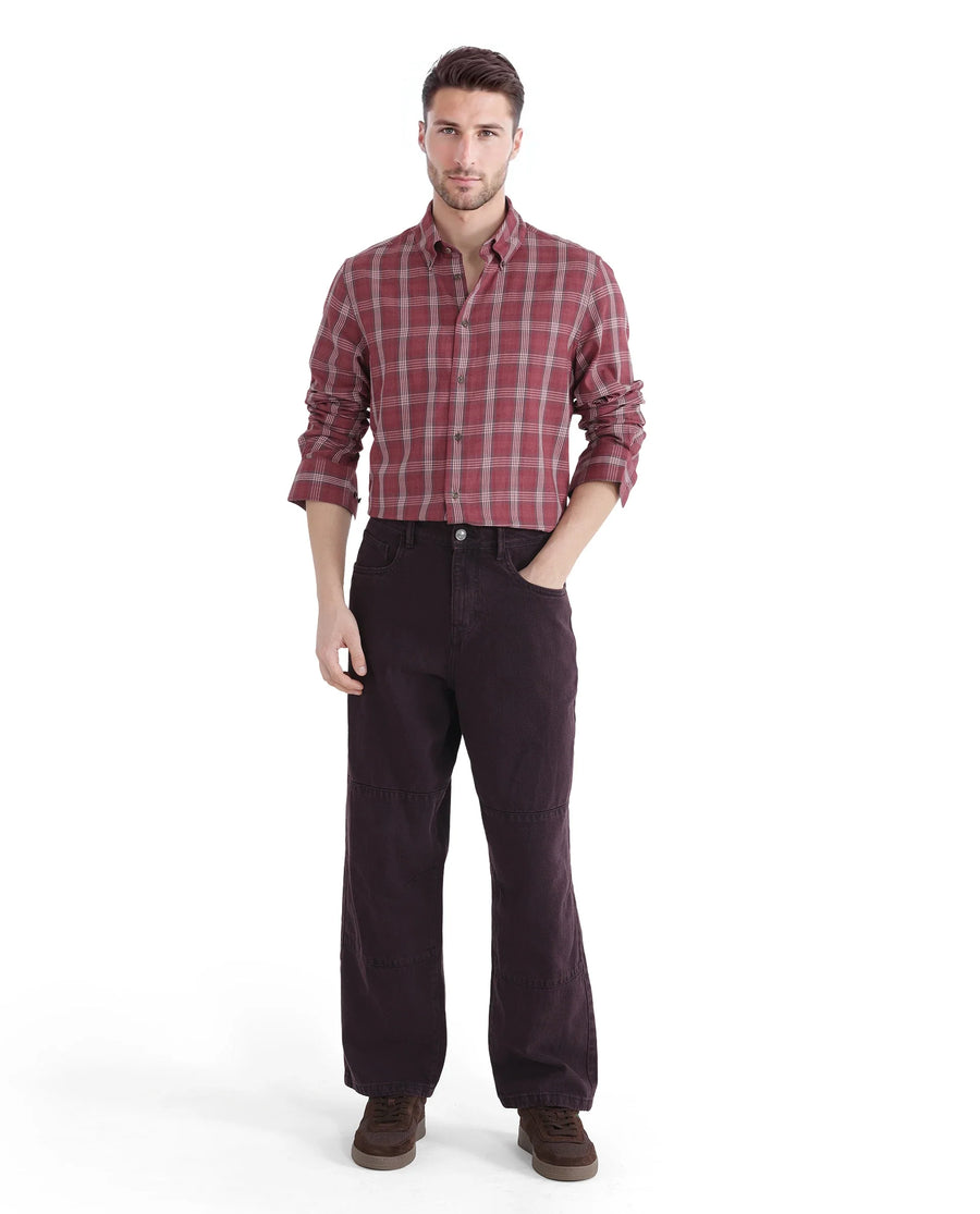 Rare Rabbit Men's Rosy Dark Pink Cotton Checked Print Regular Fit Full Sleeve Collared Shirt