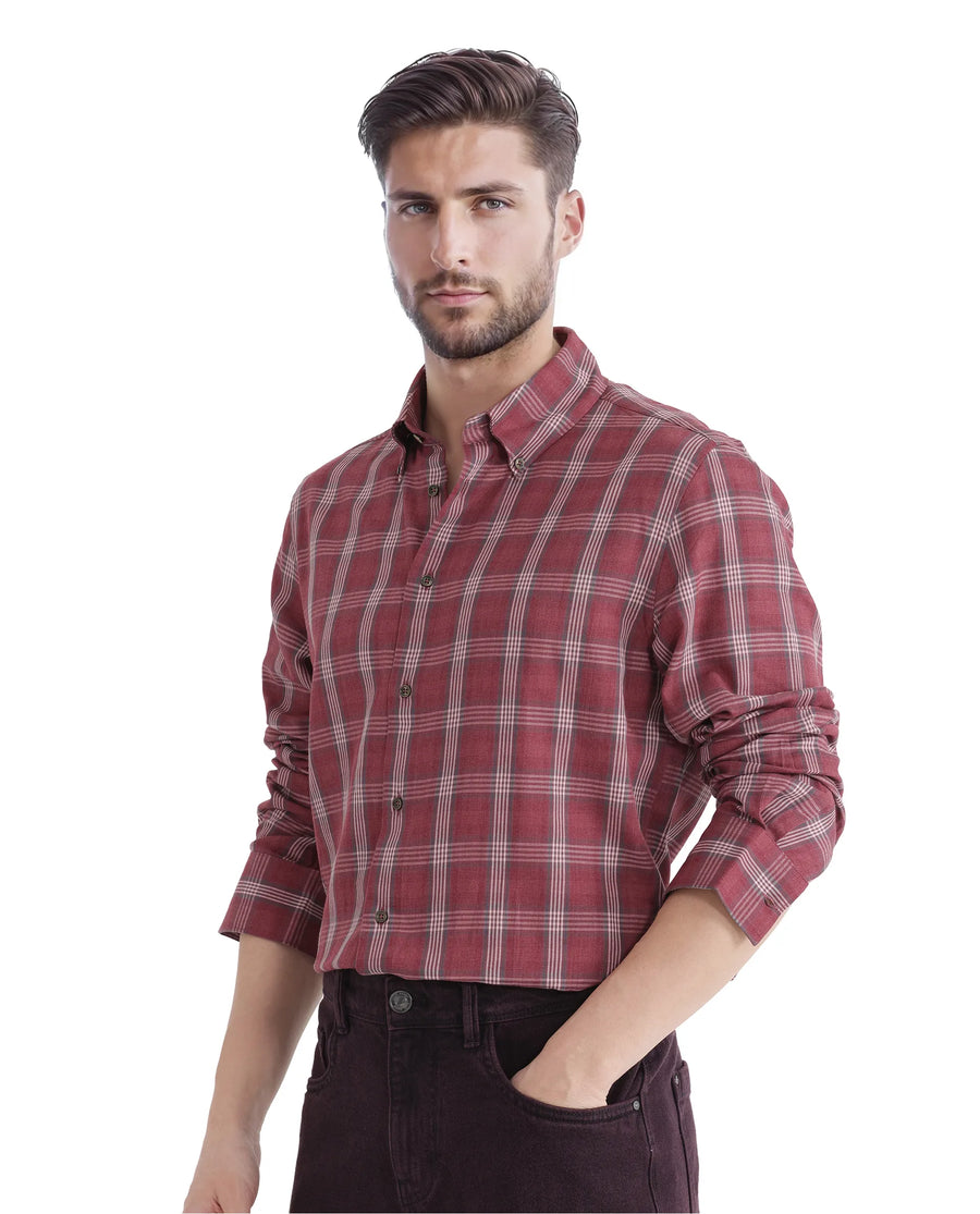 Rare Rabbit Men's Rosy Dark Pink Cotton Checked Print Regular Fit Full Sleeve Collared Shirt