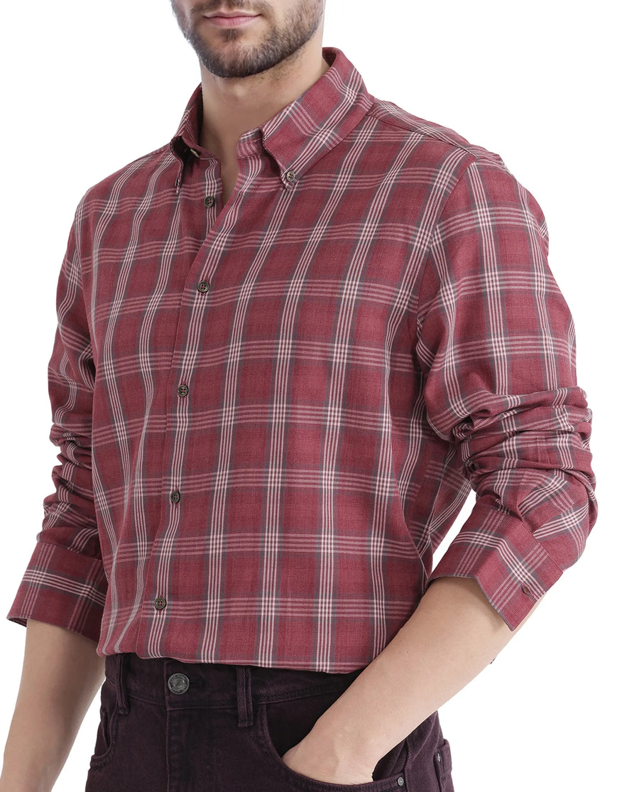 Rare Rabbit Men's Rosy Dark Pink Cotton Checked Print Regular Fit Full Sleeve Collared Shirt