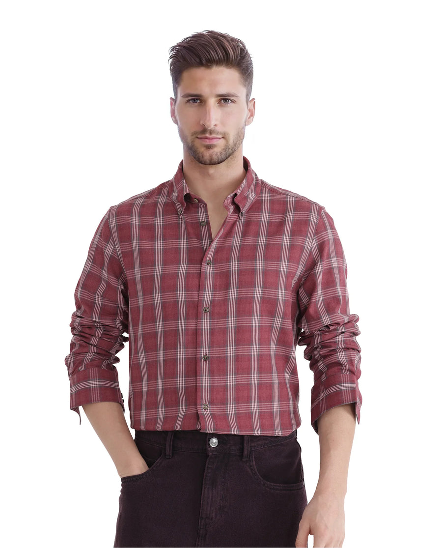 Rare Rabbit Men's Rosy Dark Pink Cotton Checked Print Regular Fit Full Sleeve Collared Shirt