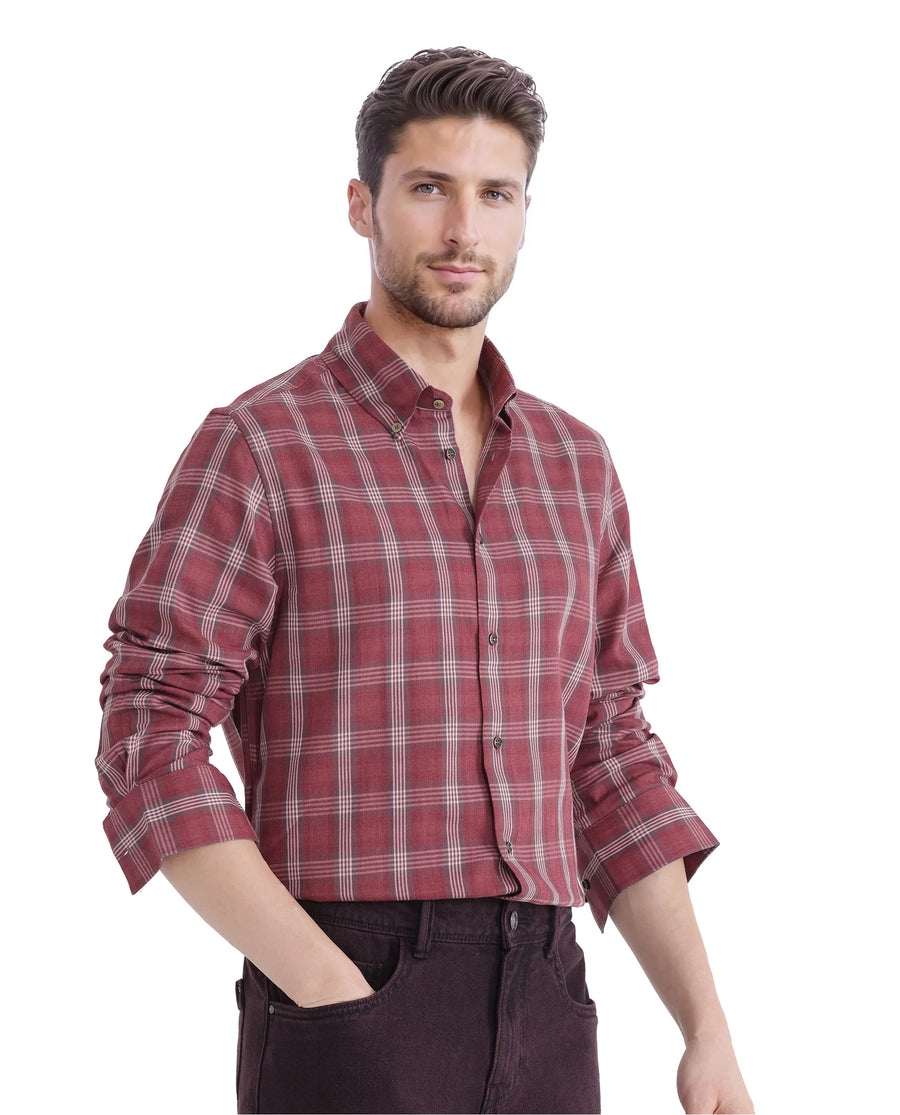 Rare Rabbit Men's Rosy Dark Pink Cotton Checked Print Regular Fit Full Sleeve Collared Shirt