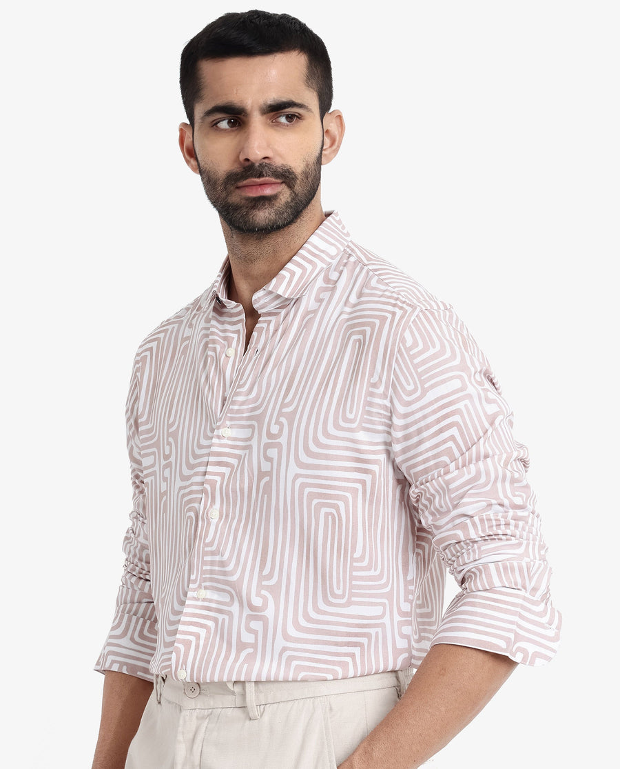 Rare Rabbit Men's Rotary Beige Cotton Abstract Print Tailored Fit Full Sleeve Collared Shirt