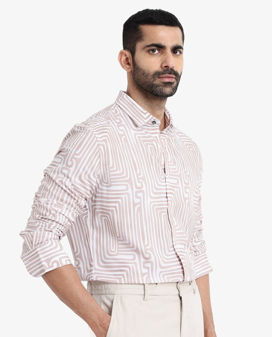 Rare Rabbit Men's Rotary Beige Cotton Abstract Print Tailored Fit Full Sleeve Collared Shirt