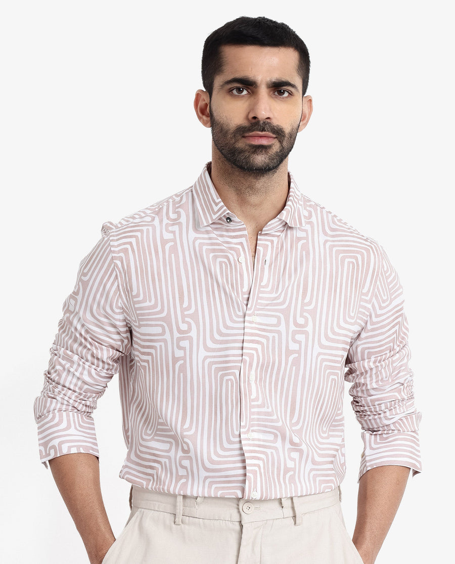 Rare Rabbit Men's Rotary Beige Cotton Abstract Print Tailored Fit Full Sleeve Collared Shirt