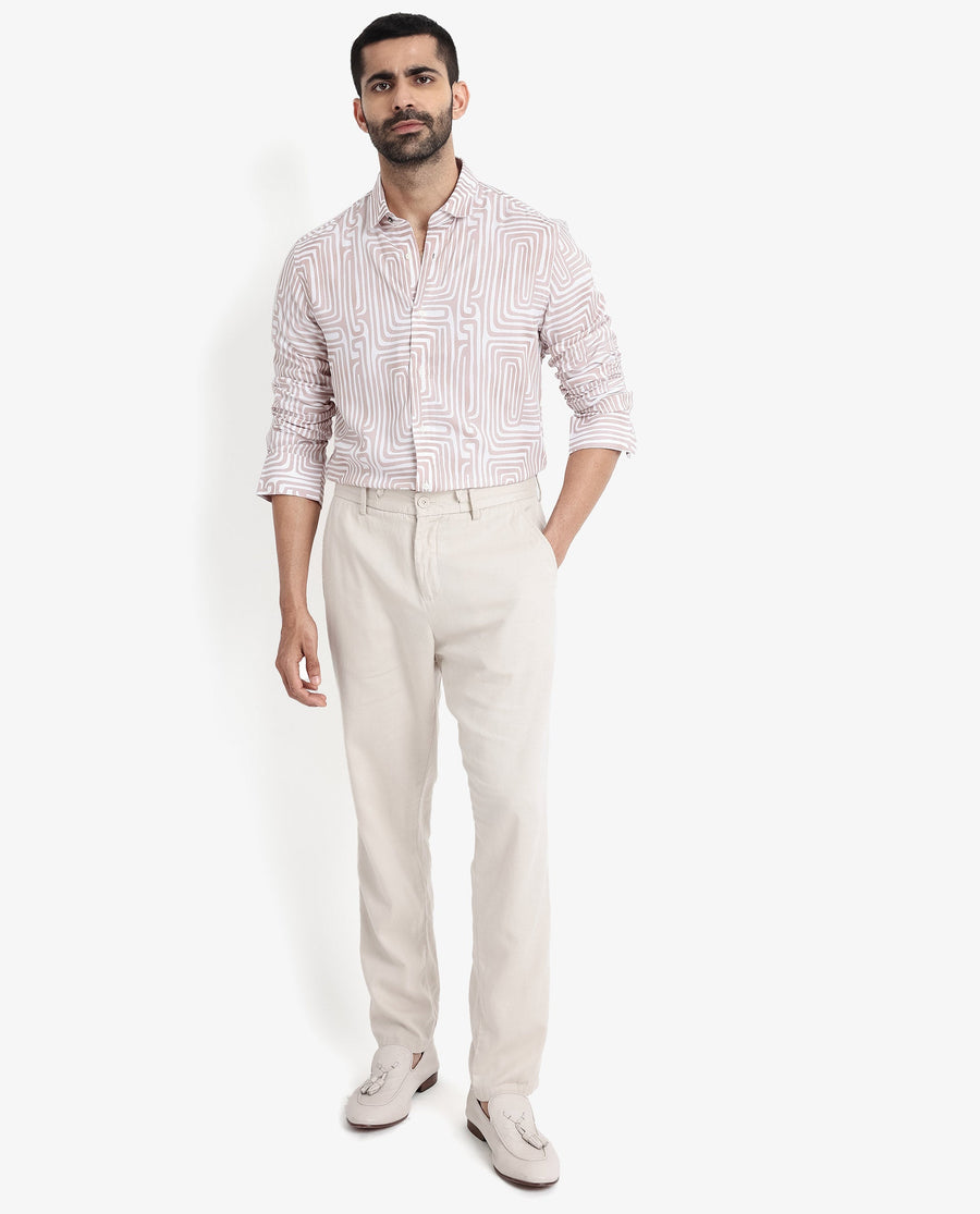 Rare Rabbit Men's Rotary Beige Cotton Abstract Print Tailored Fit Full Sleeve Collared Shirt