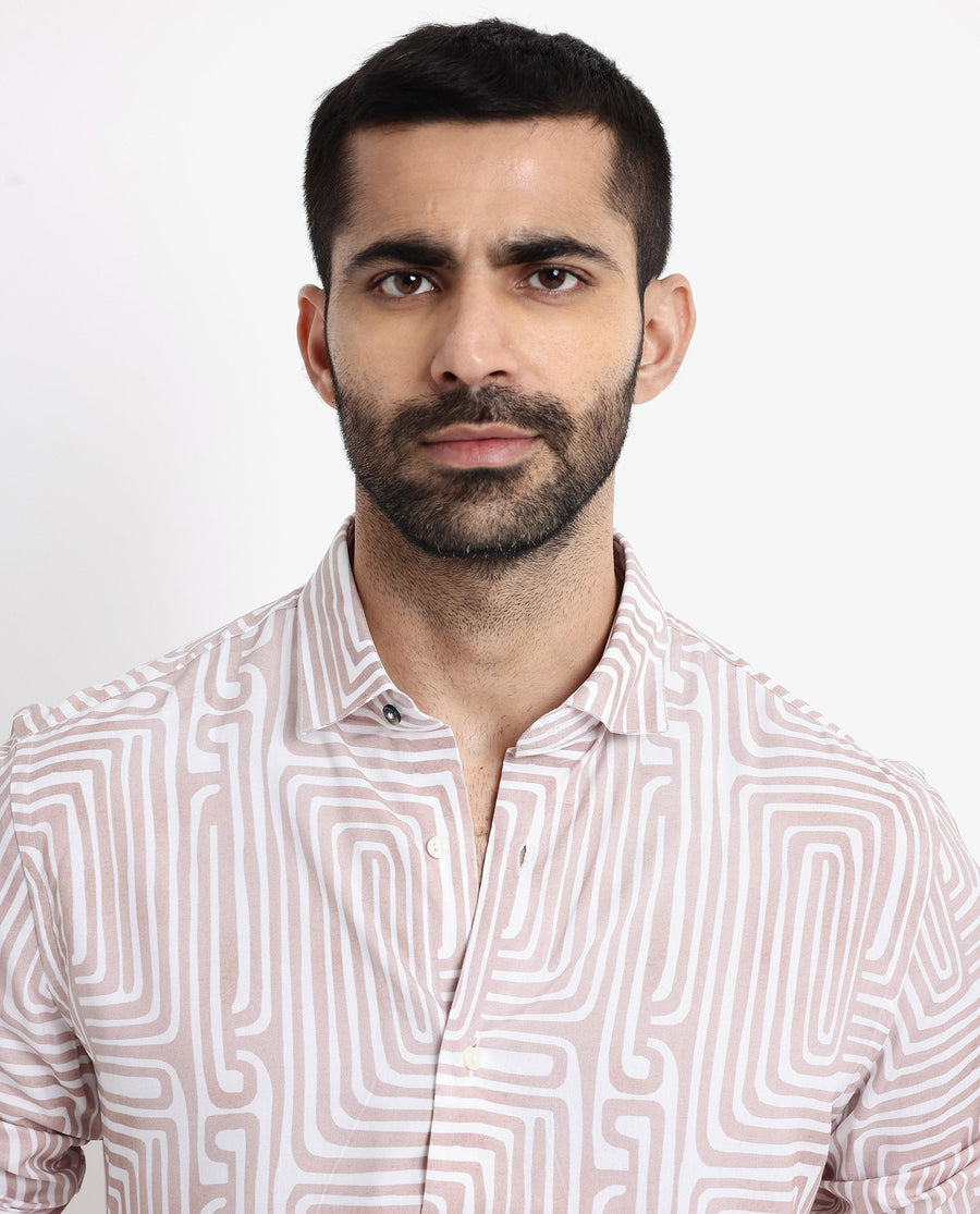 Rare Rabbit Men's Rotary Beige Cotton Abstract Print Tailored Fit Full Sleeve Collared Shirt