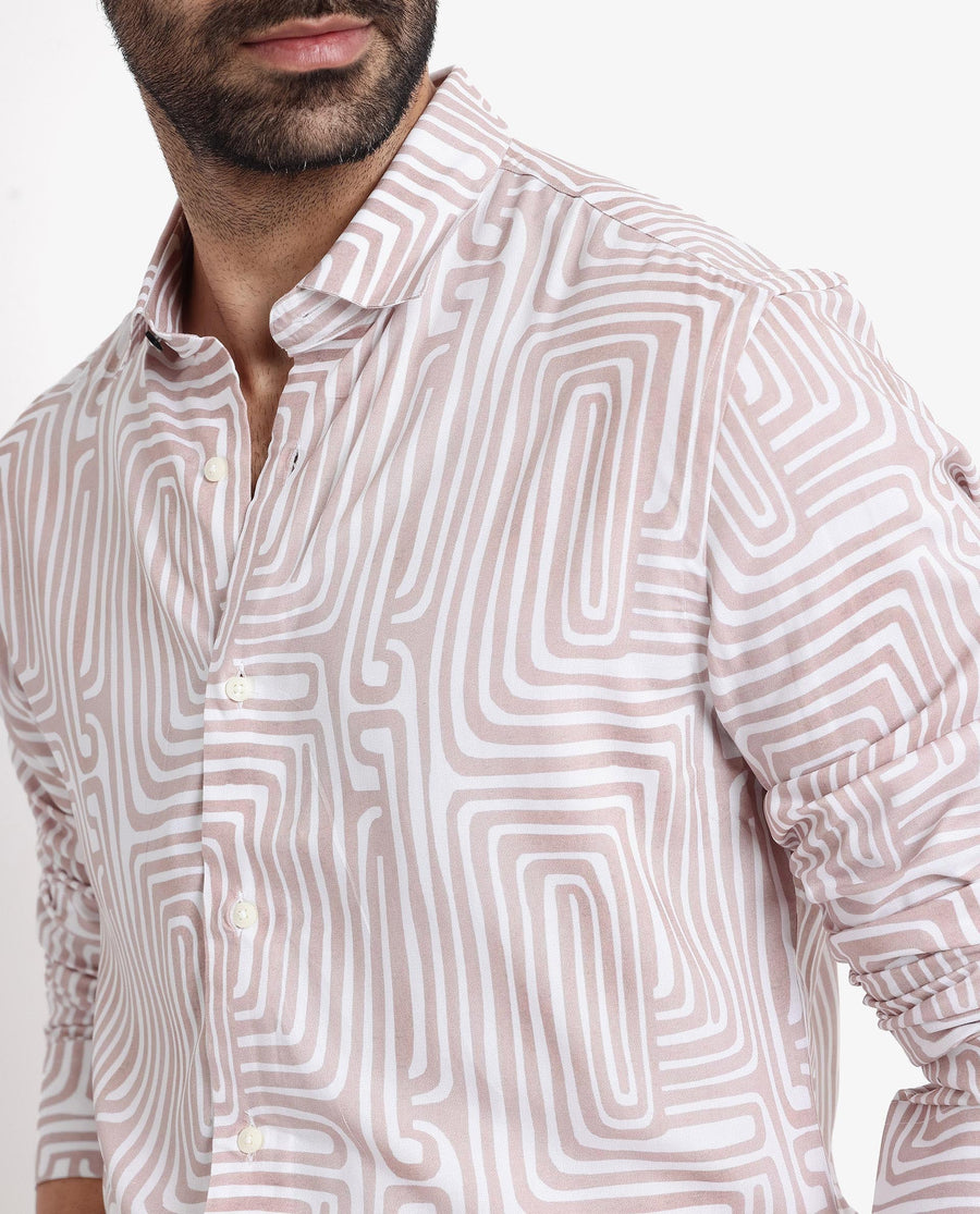 Rare Rabbit Men's Rotary Beige Cotton Abstract Print Tailored Fit Full Sleeve Collared Shirt