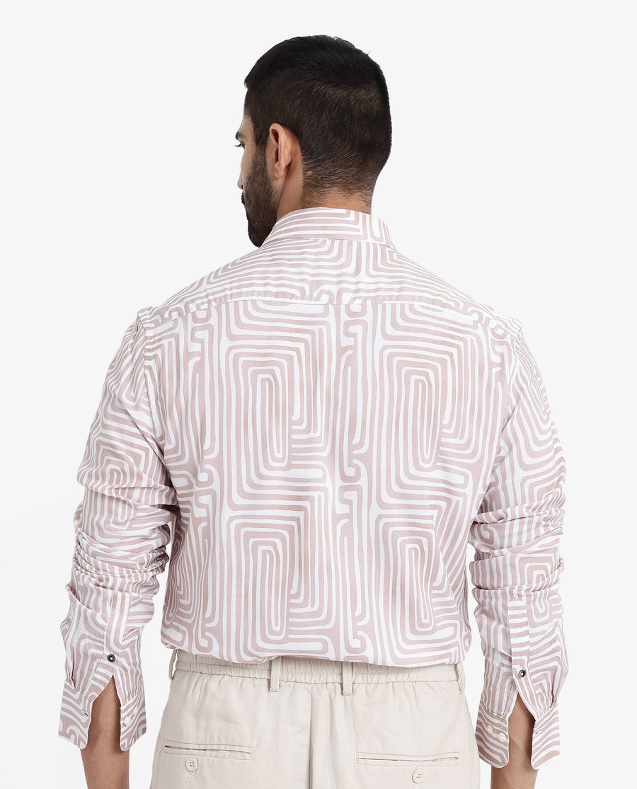 Rare Rabbit Men's Rotary Beige Cotton Abstract Print Tailored Fit Full Sleeve Collared Shirt