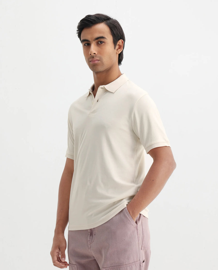 Rare Rabbit Men's Row-1 Off White Cotton Plain Regular Fit Half Sleeve Polo