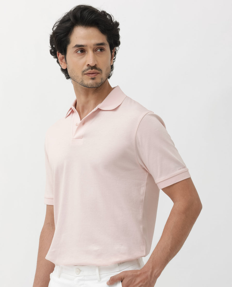 Rare Rabbit Men's Row Pastel Pink Cotton Plain Regular Fit Half Sleeve Polo