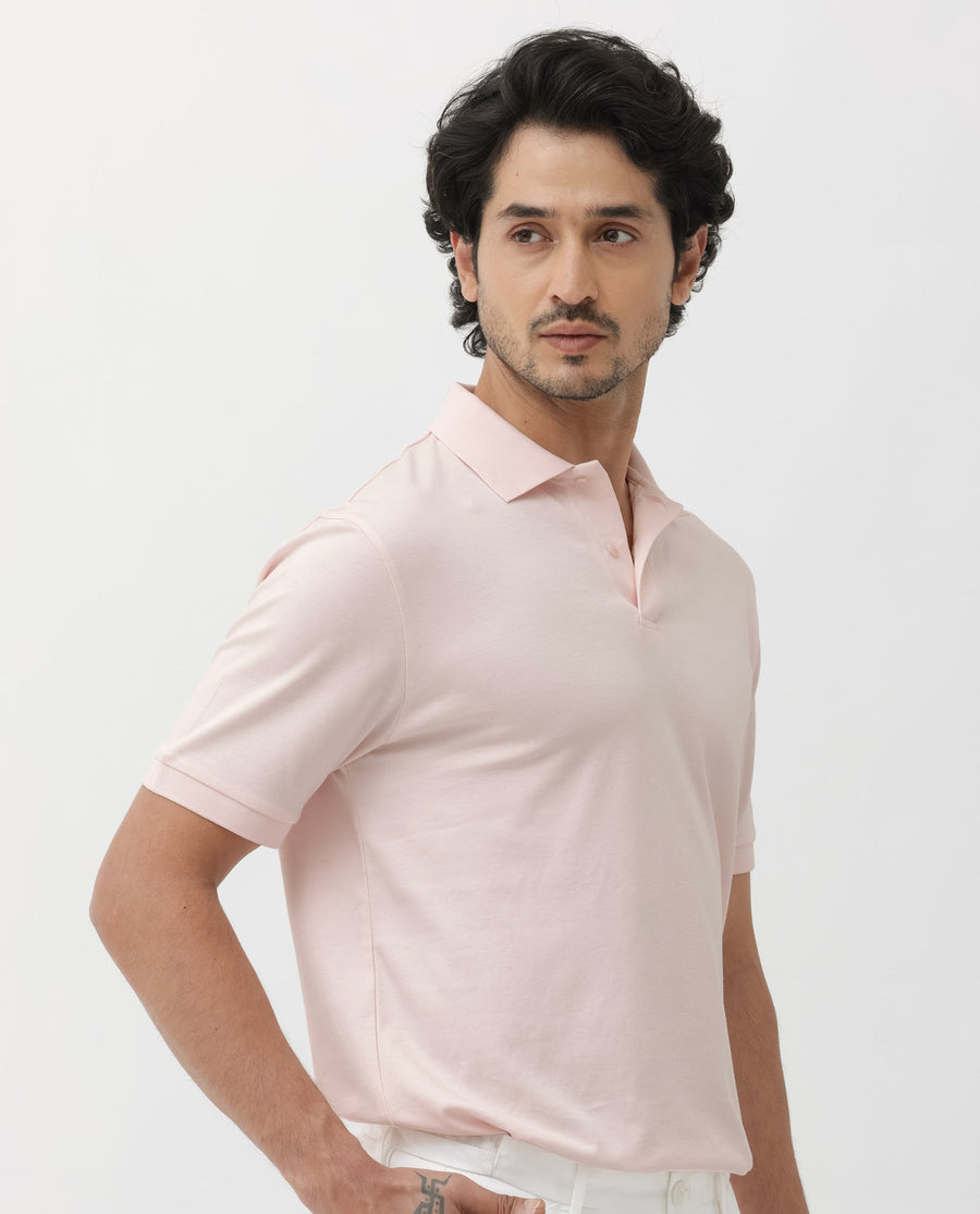Rare Rabbit Men's Row Pastel Pink Cotton Plain Regular Fit Half Sleeve Polo