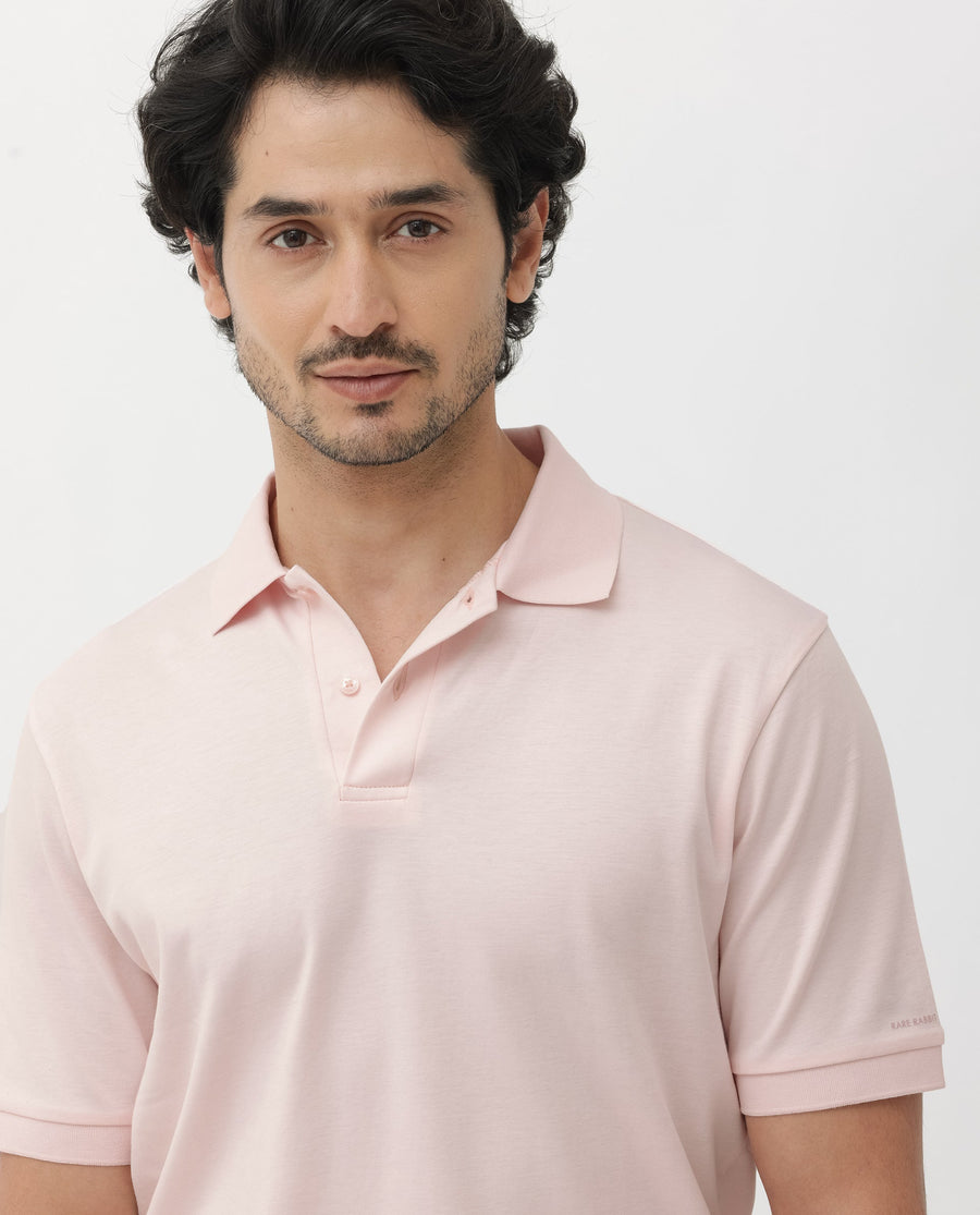 Rare Rabbit Men's Row Pastel Pink Cotton Plain Regular Fit Half Sleeve Polo