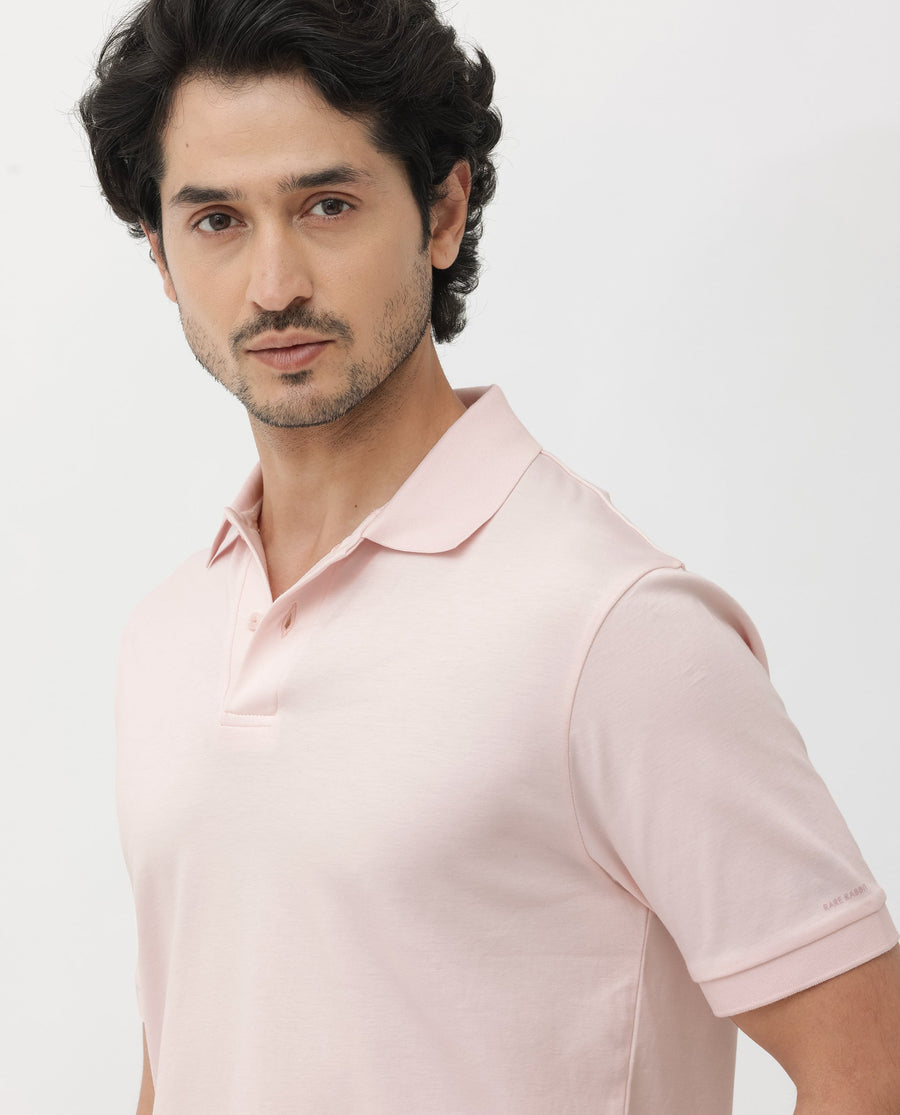 Rare Rabbit Men's Row Pastel Pink Cotton Plain Regular Fit Half Sleeve Polo