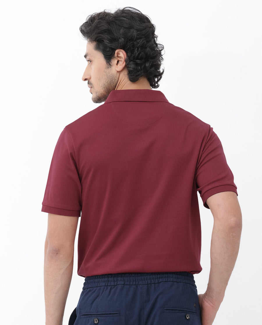 Rare Rabbit Men's Row Red Cotton Plain Regular Fit Half Sleeve Polo