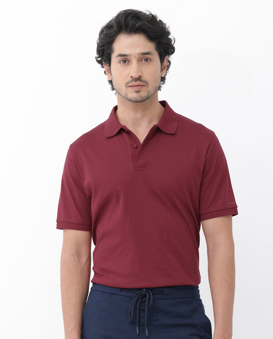Rare Rabbit Men's Row Red Cotton Plain Regular Fit Half Sleeve Polo