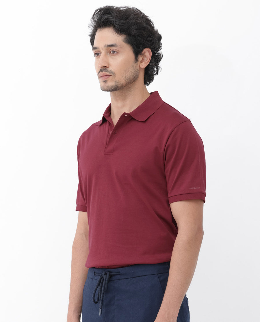 Rare Rabbit Men's Row Red Cotton Plain Regular Fit Half Sleeve Polo