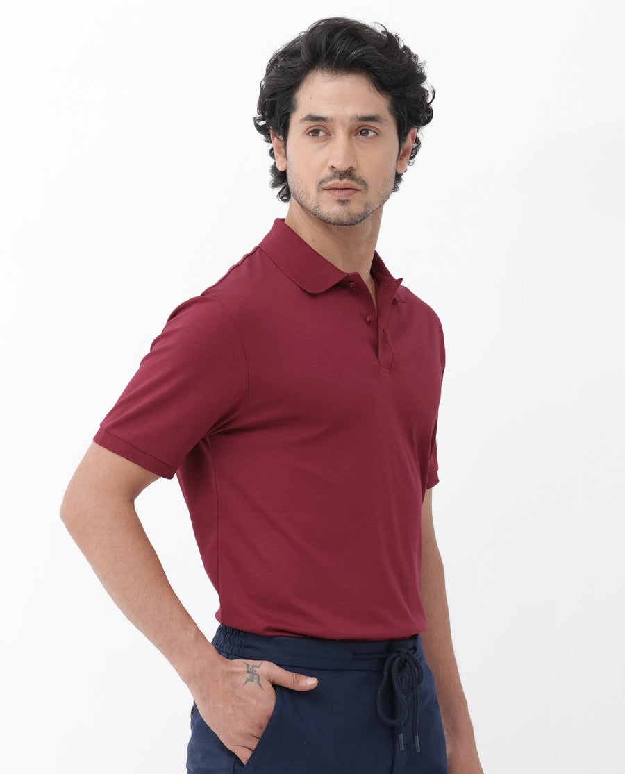 Rare Rabbit Men's Row Red Cotton Plain Regular Fit Half Sleeve Polo
