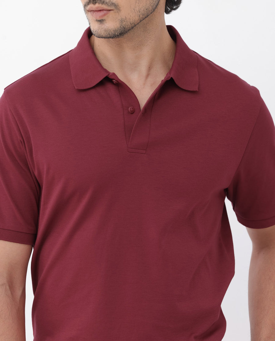Rare Rabbit Men's Row Red Cotton Plain Regular Fit Half Sleeve Polo